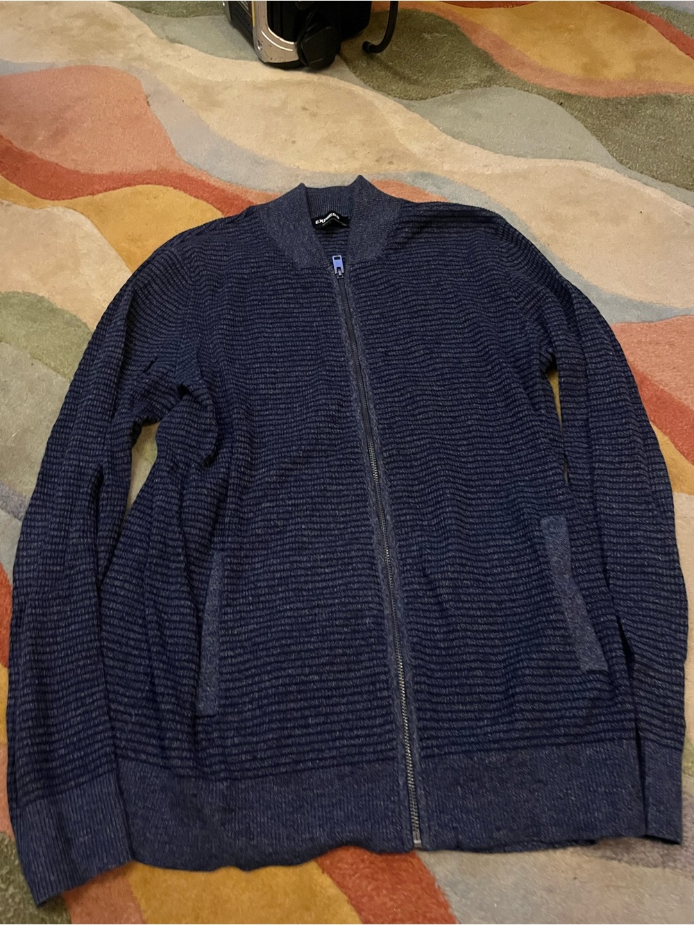 Express Men's Navy Ribbed Zip-Up Sweater